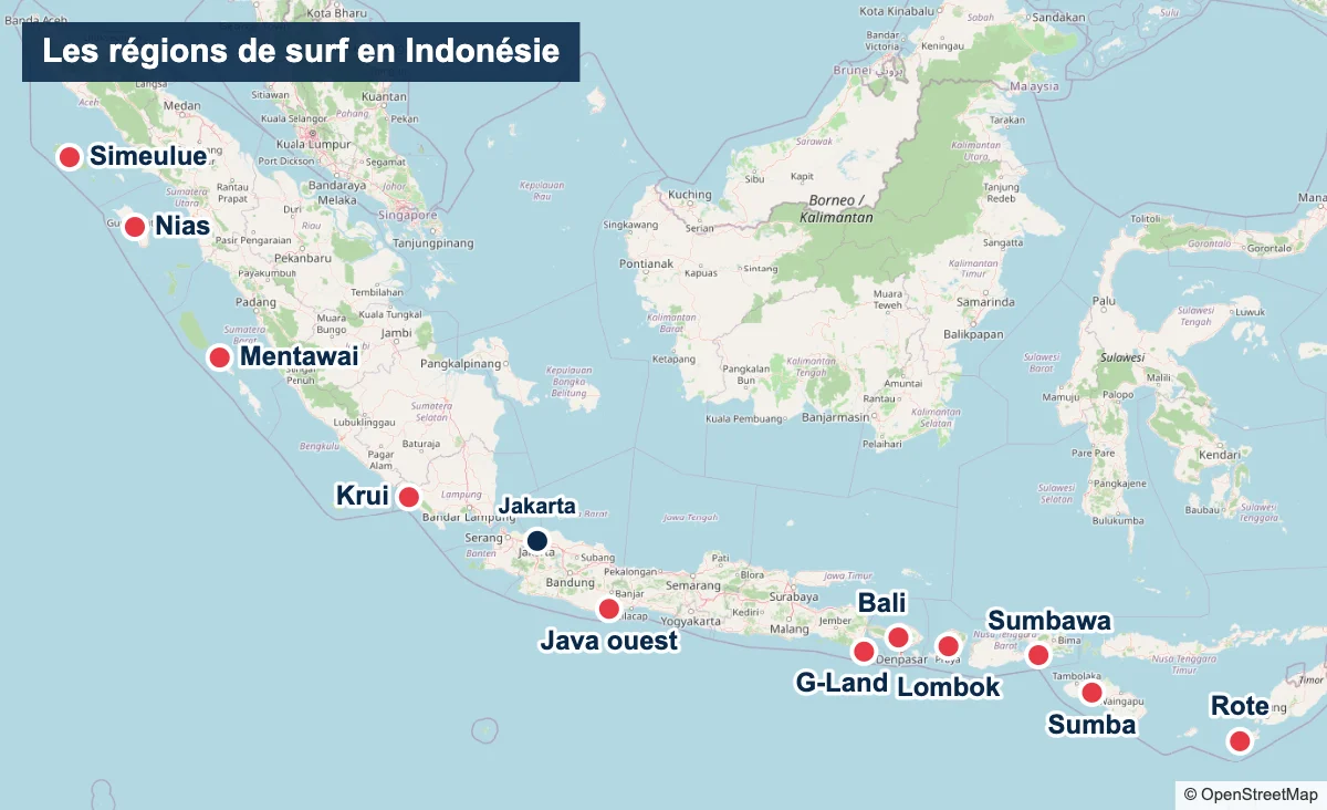 Carte des régions de surf en Indonésie