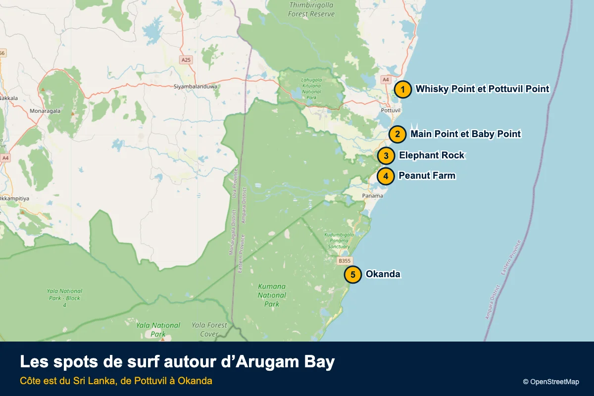 Carte des spots de surf autour d’Arugam Bay, Sri Lanka
