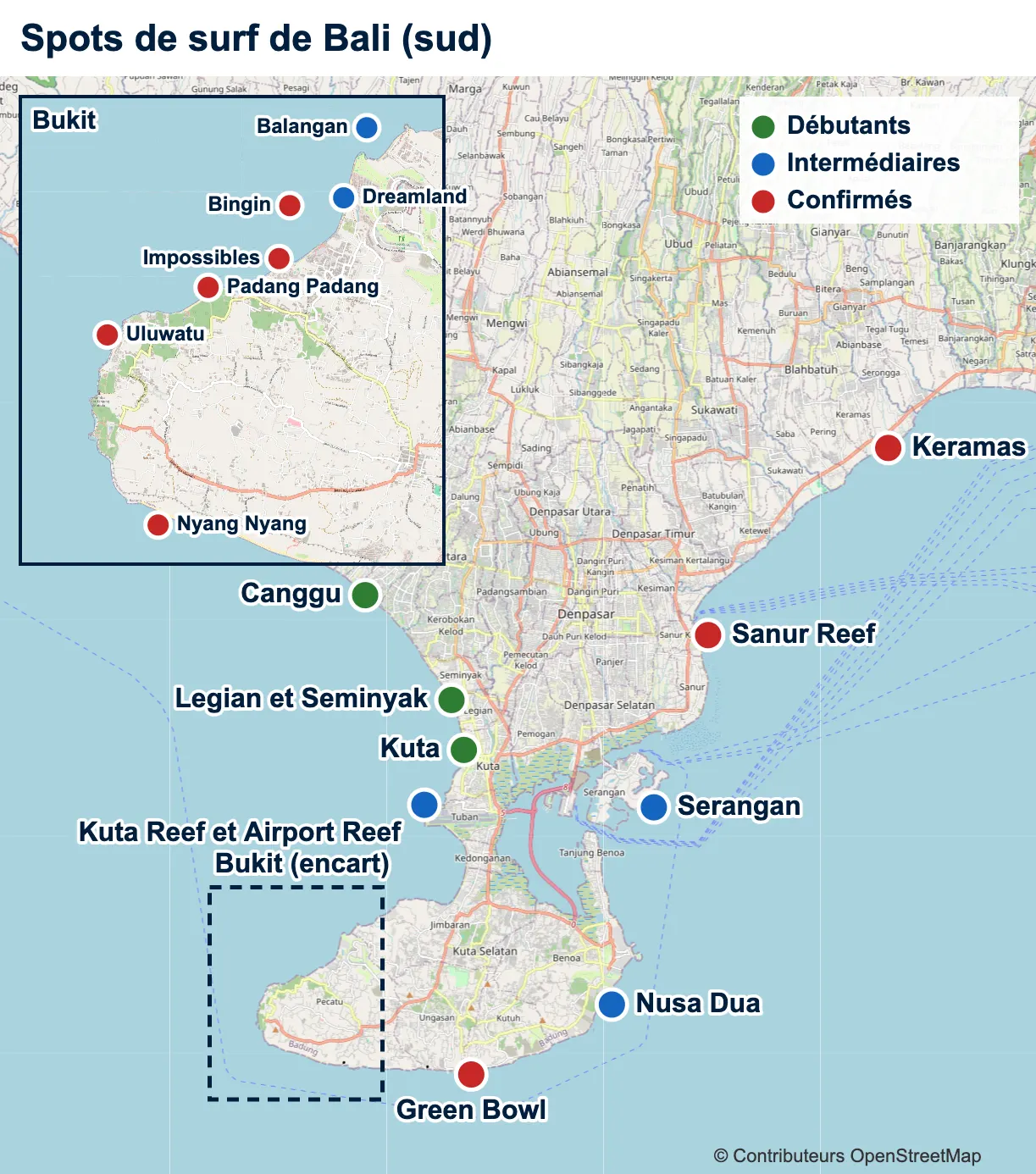Carte des spots de surf du sud de Bali