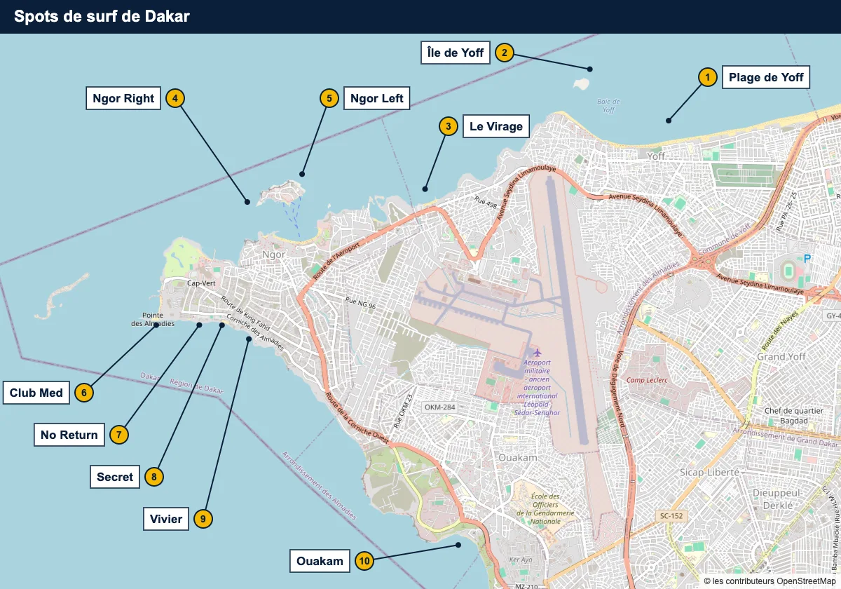 Carte des spots de surf de Dakar