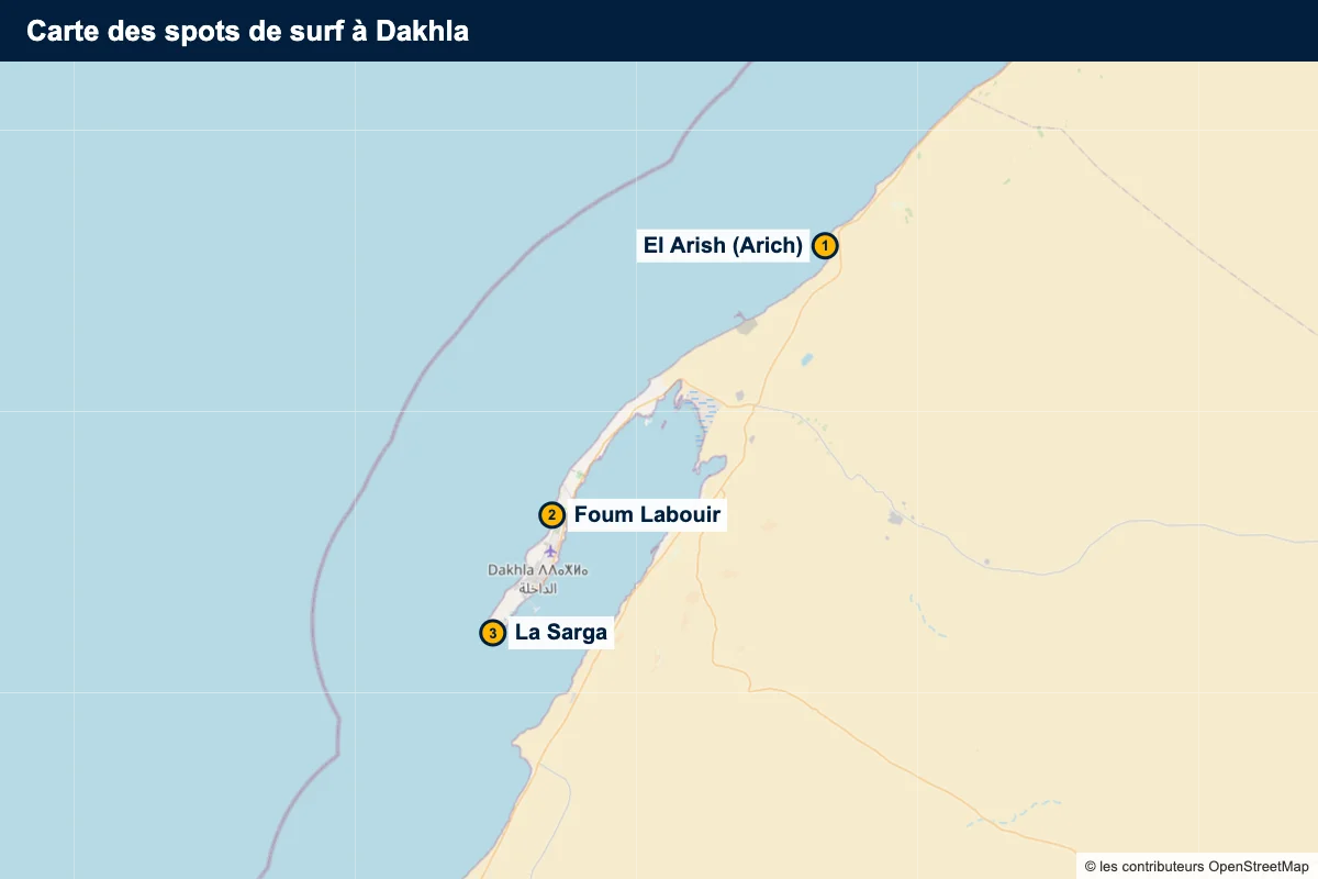 Carte des spots de surf à Dakhla