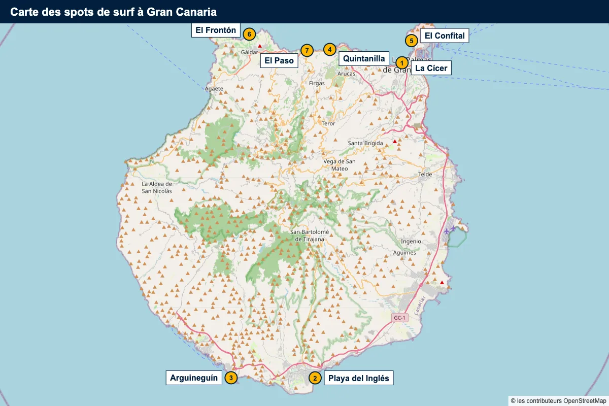 Carte des spots de surf à Gran Canaria : La Cícer, Playa del Inglés, Arguineguín, Quintanilla, El Confital, El Frontón, El Paso