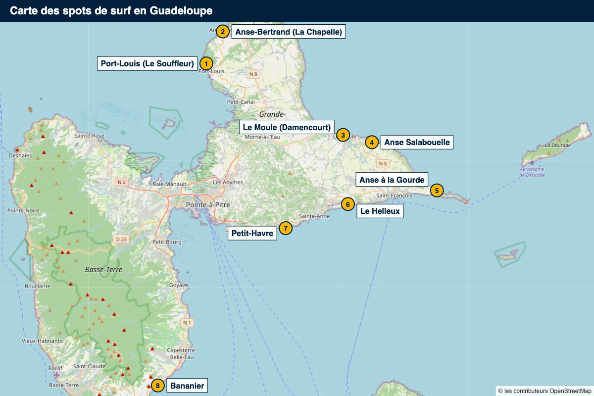 Carte des spots de surf en Guadeloupe : Port-Louis, Anse-Bertrand, Le Moule, Anse Salabouelle, Anse à la Gourde, Le Helleux, Petit-Havre, Bananier