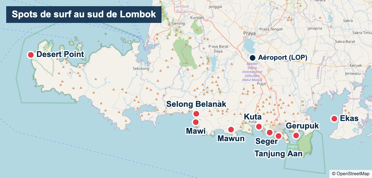 Carte des spots de surf du sud de Lombok