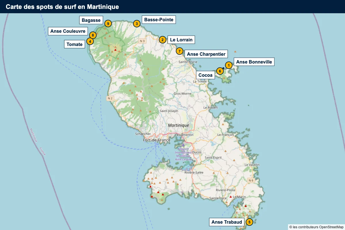 Carte des spots de surf en Martinique