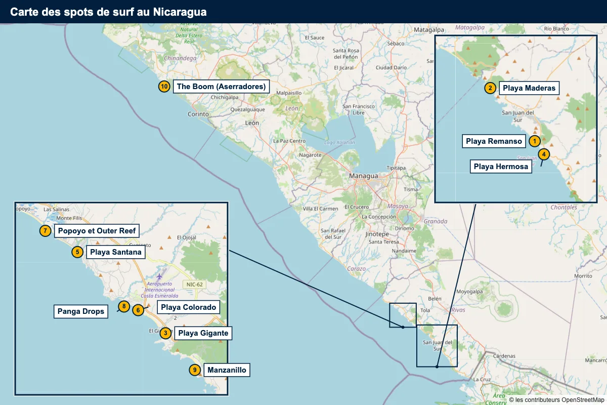 Carte des spots de surf au Nicaragua : San Juan del Sur, Tola (Popoyo, Santana, Colorado, Gigante) et Aserradores