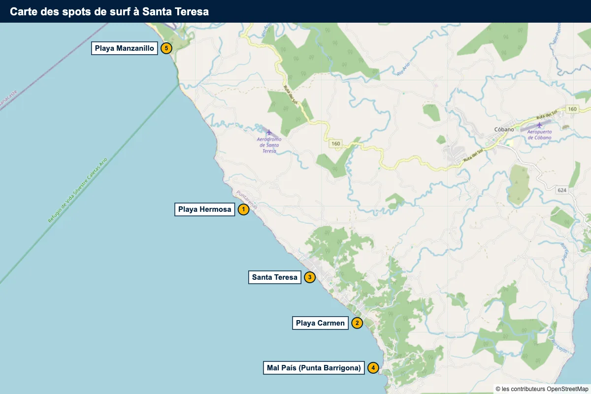 Carte des spots de surf à Santa Teresa : Playa Hermosa, Playa Carmen, Santa Teresa, Mal País, Playa Manzanillo