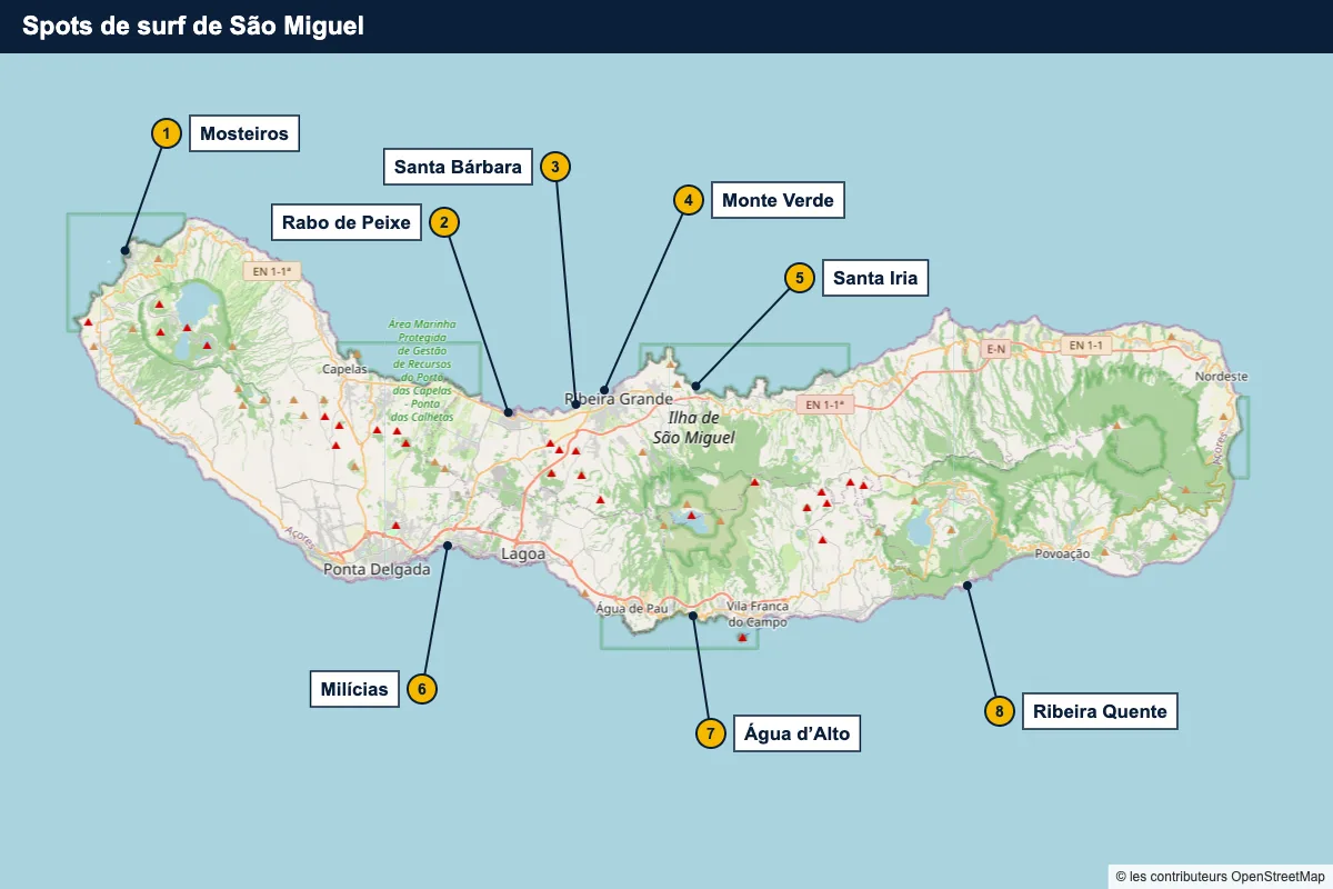 Carte des spots de surf de São Miguel