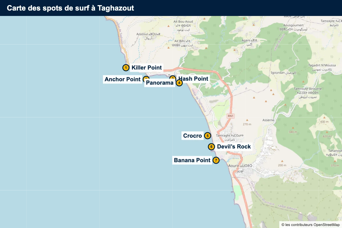Carte des spots de surf à Taghazout
