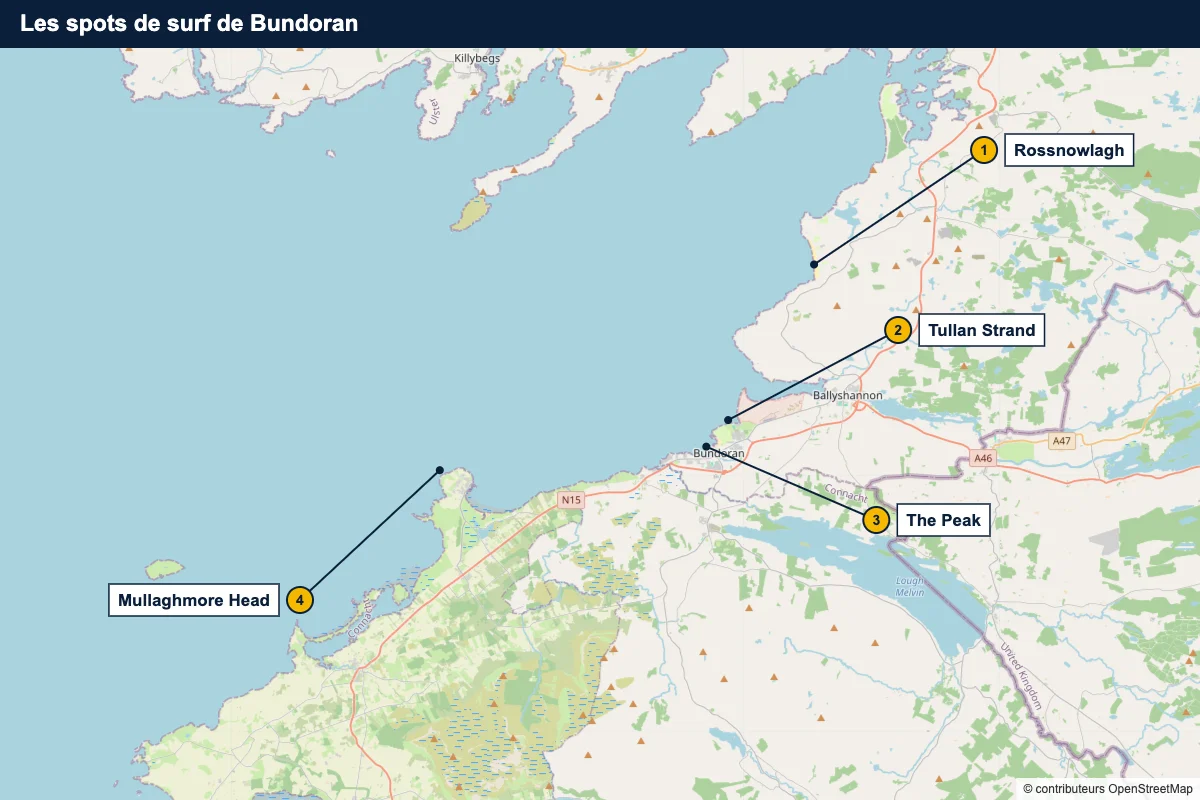 Carte des spots de surf de Bundoran