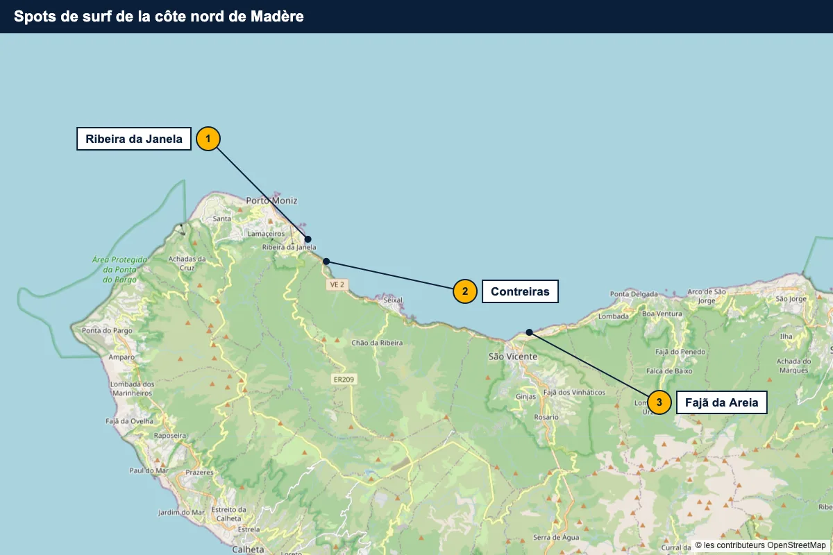 Carte des spots de surf de la côte nord de Madère