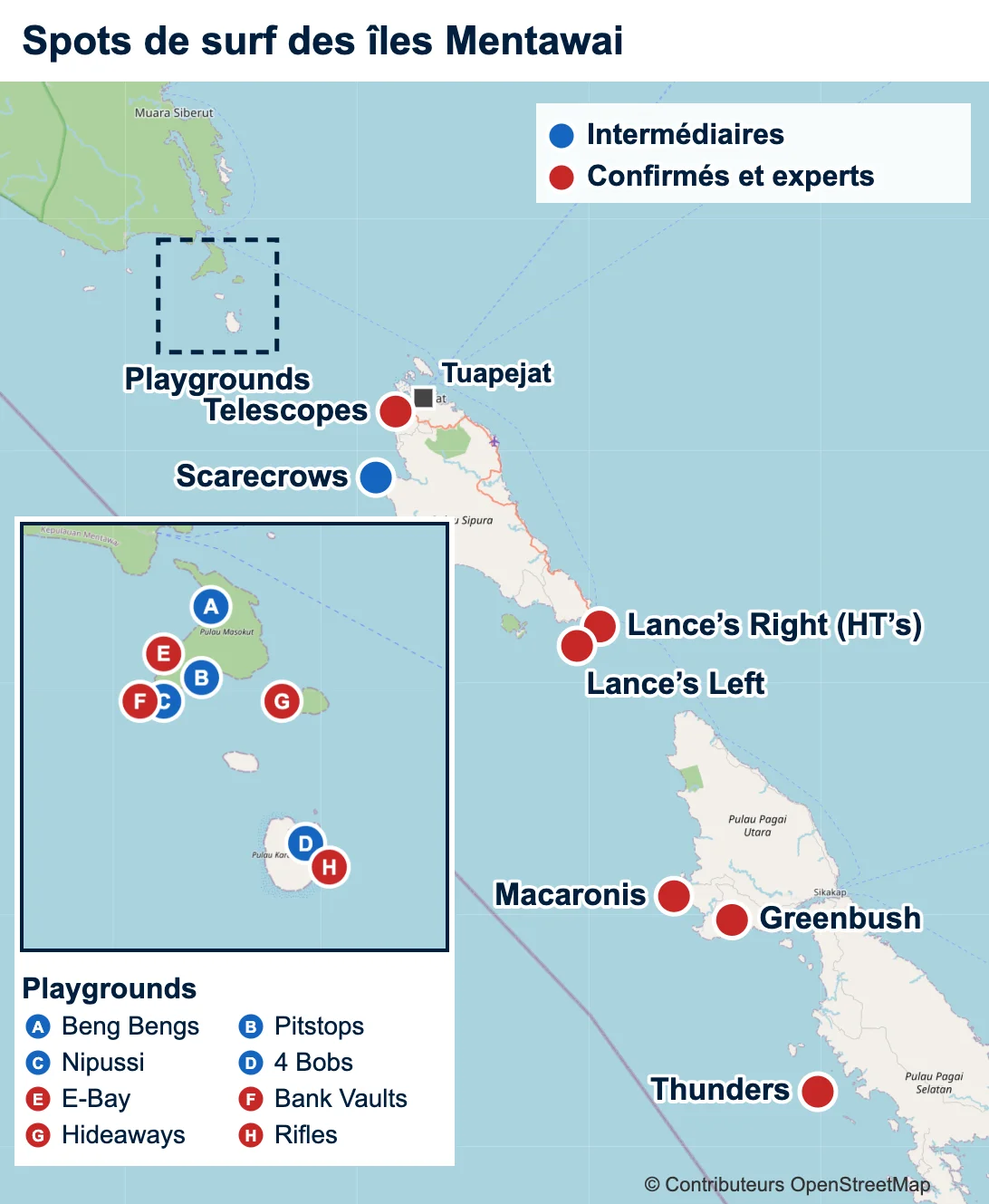 Carte des spots de surf des îles Mentawai