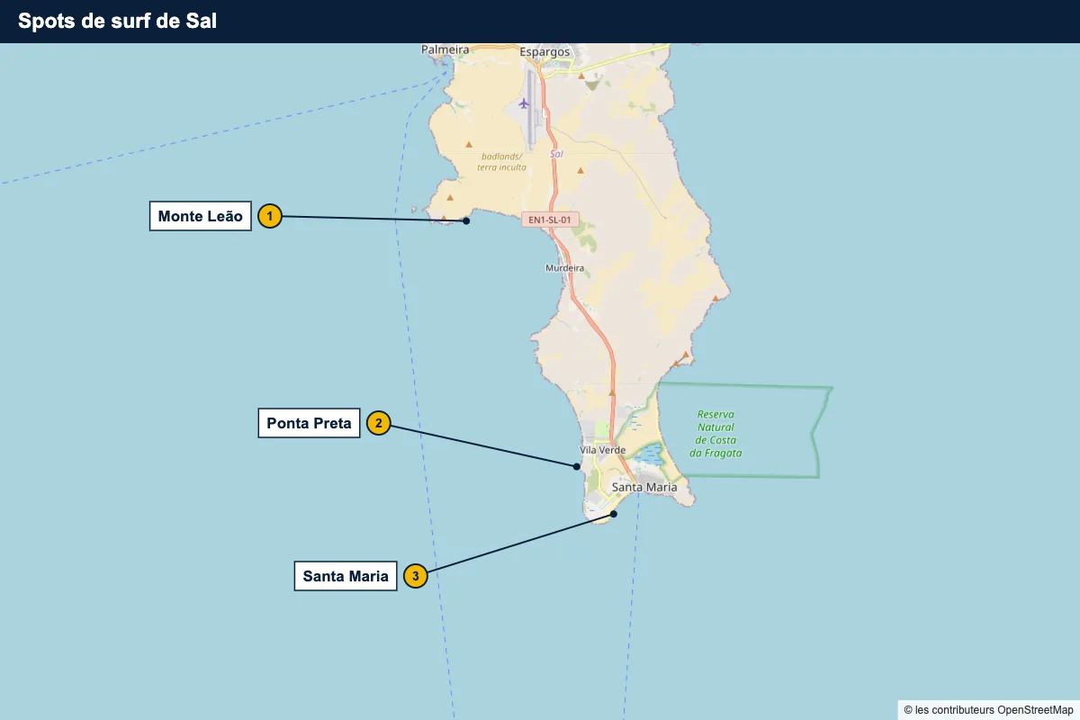 Carte des spots de surf de Sal